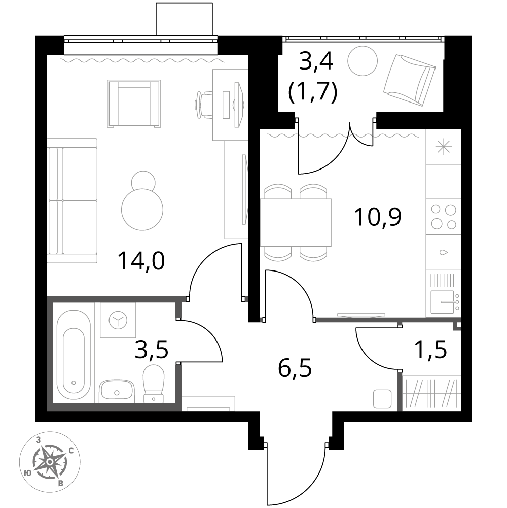 1 комн. квартира, 38.1 м², 22 этаж 