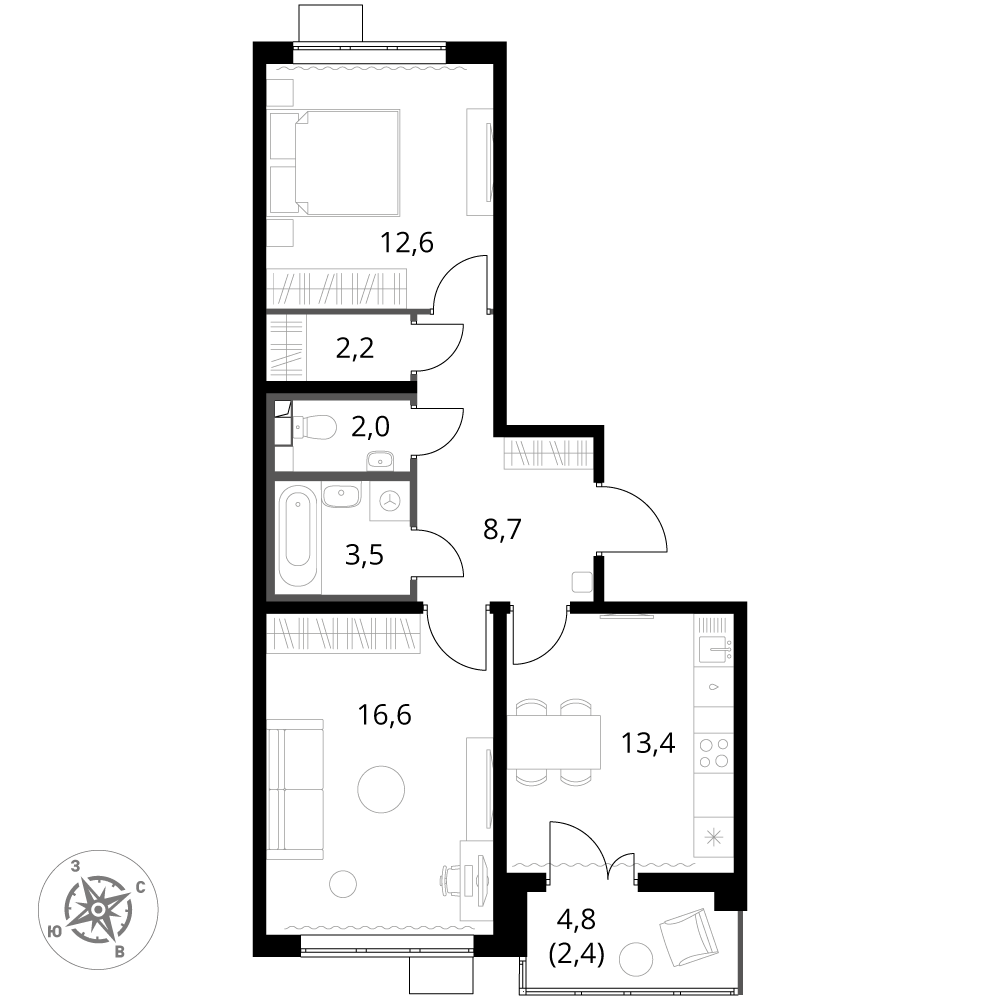 2 комн. квартира, 61.4 м², 24 этаж 