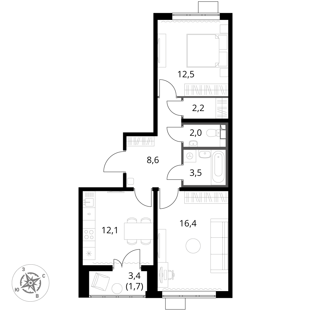 2 комн. квартира, 59 м², 4 этаж 