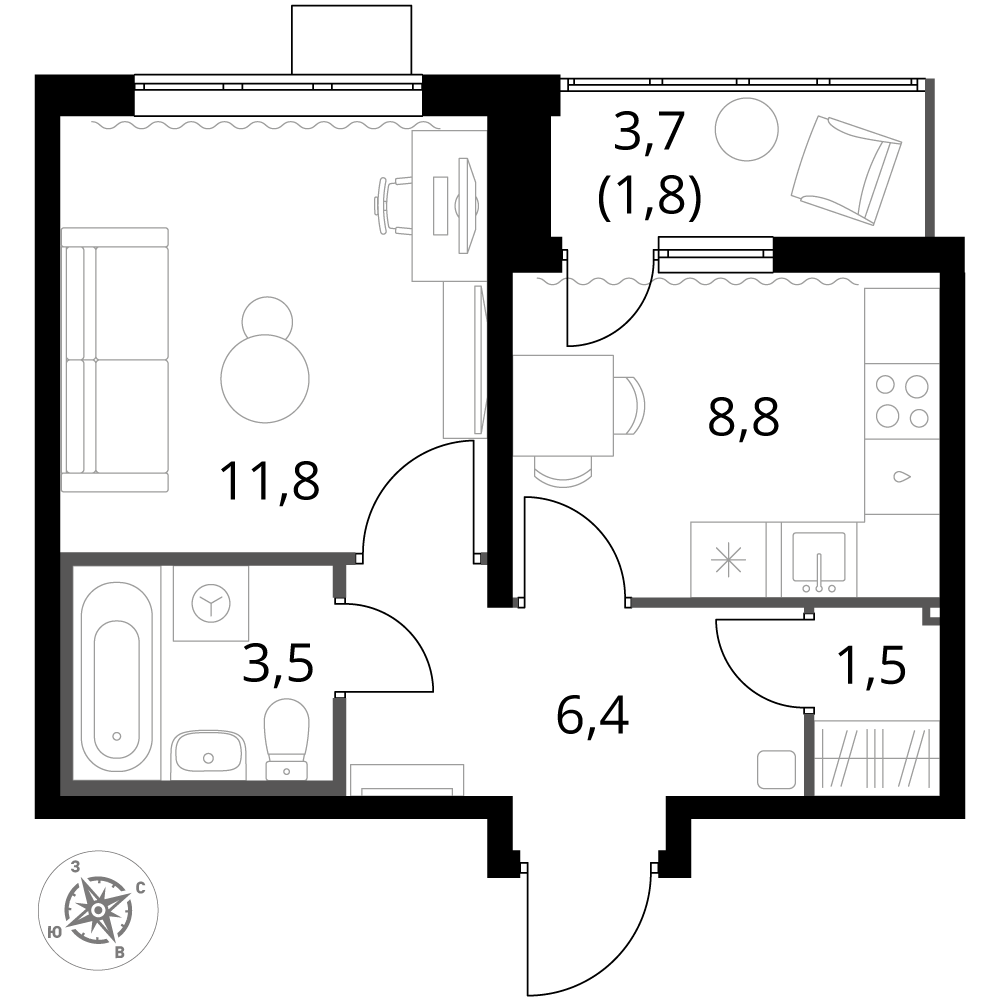 1 комн. квартира, 33.8 м², 4 этаж 