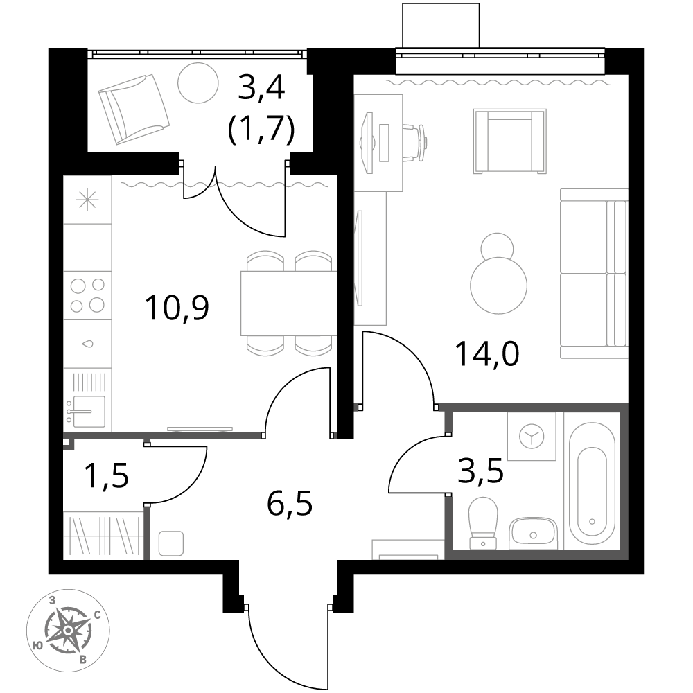1 комн. квартира, 38.1 м², 23 этаж 