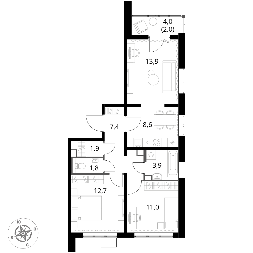 3 комн. квартира, 63.2 м², 15 этаж 