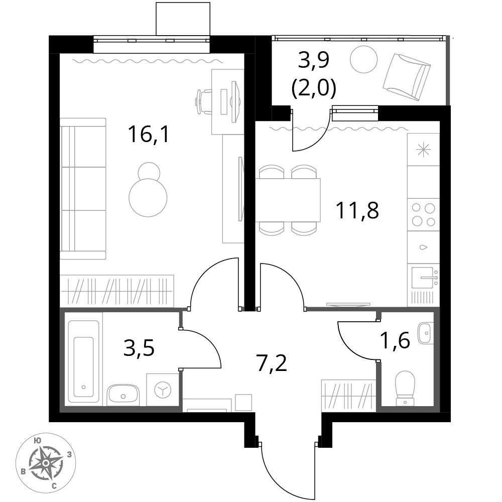 1 комн. квартира, 42.2 м², 21 этаж 