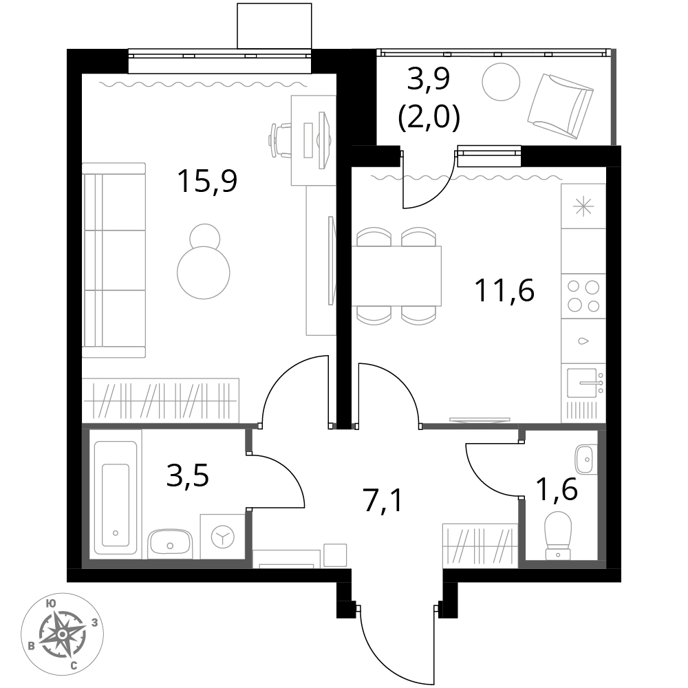 1 комн. квартира, 41.7 м², 3 этаж 