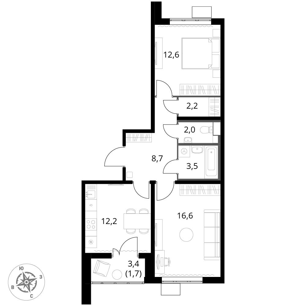 2 комн. квартира, 59.5 м², 24 этаж 