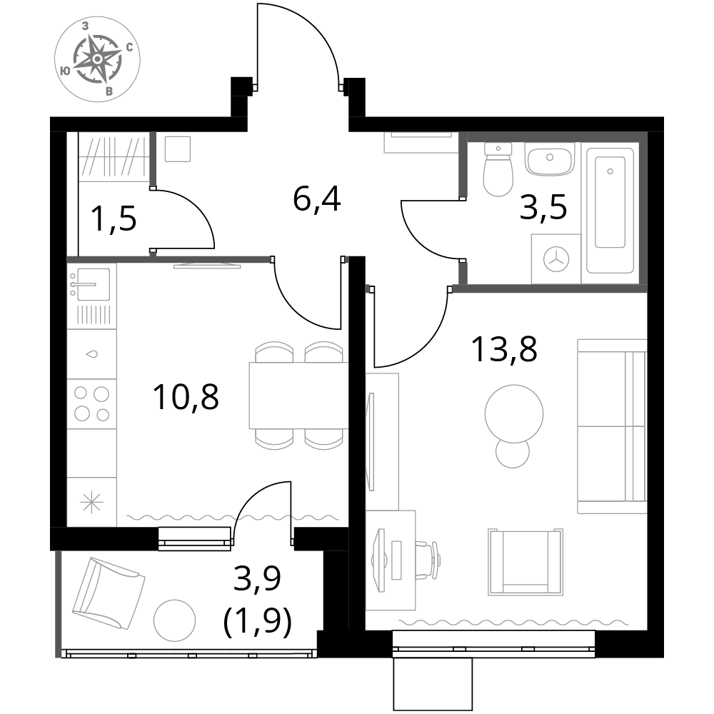 1 комн. квартира, 37.9 м², 3 этаж 