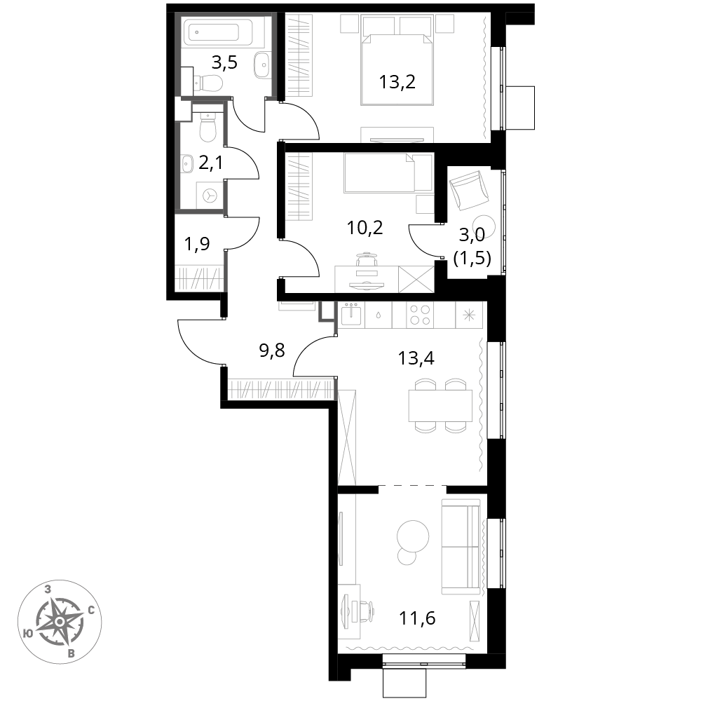 3 комн. квартира, 67.2 м², 5 этаж 
