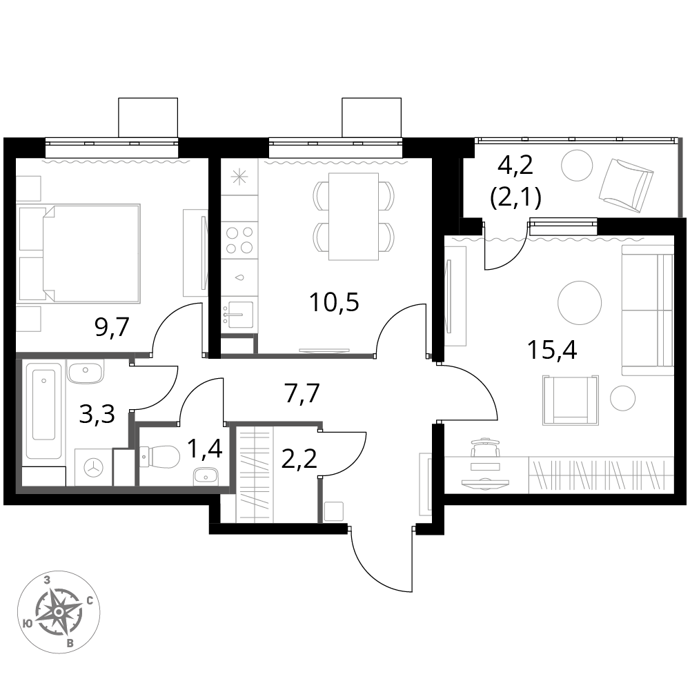 2 комн. квартира, 52.3 м², 6 этаж 