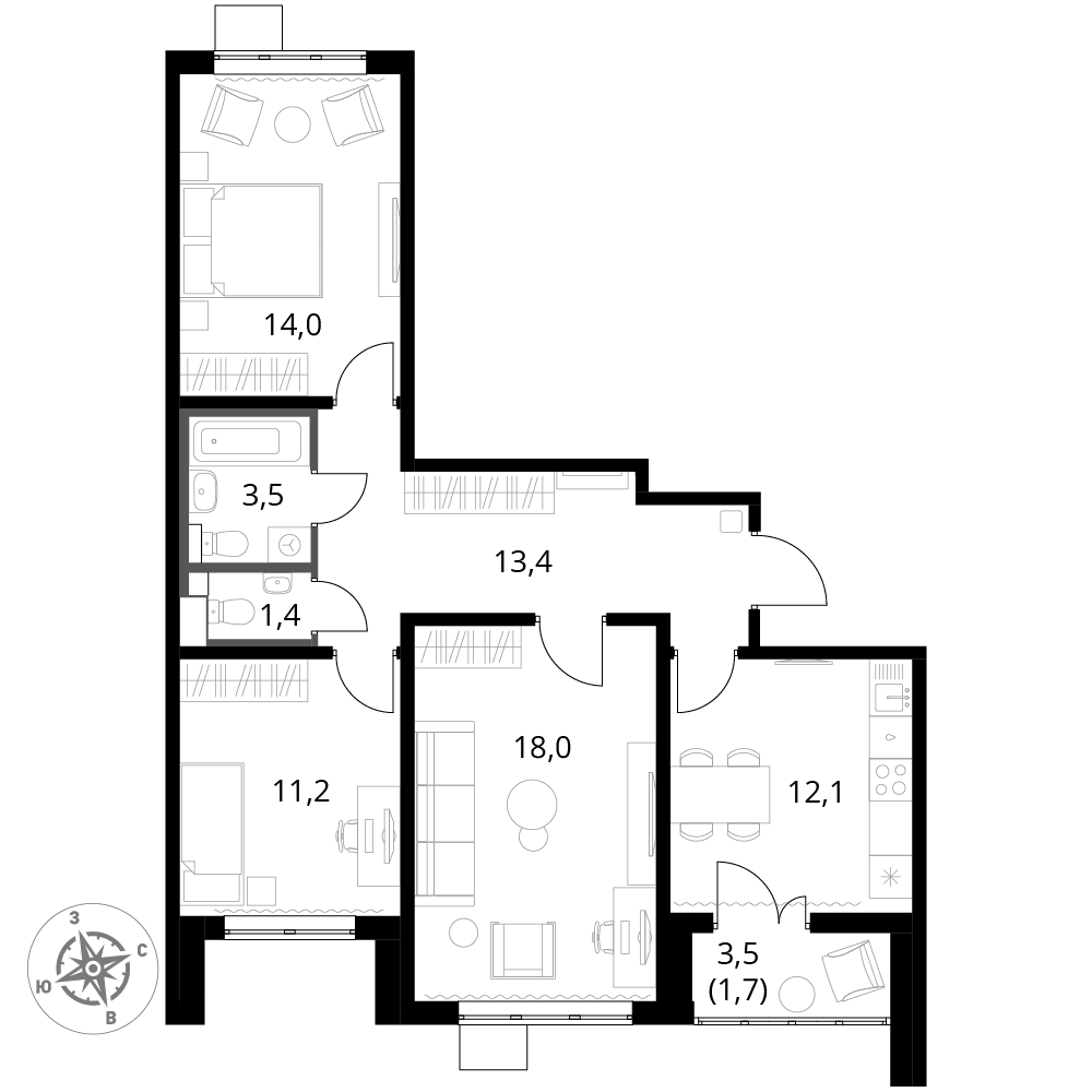 3 комн. квартира, 75.3 м², 8 этаж 