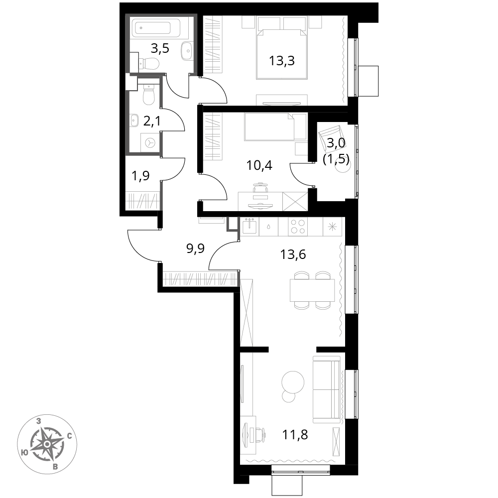 3 комн. квартира, 68 м², 13 этаж 