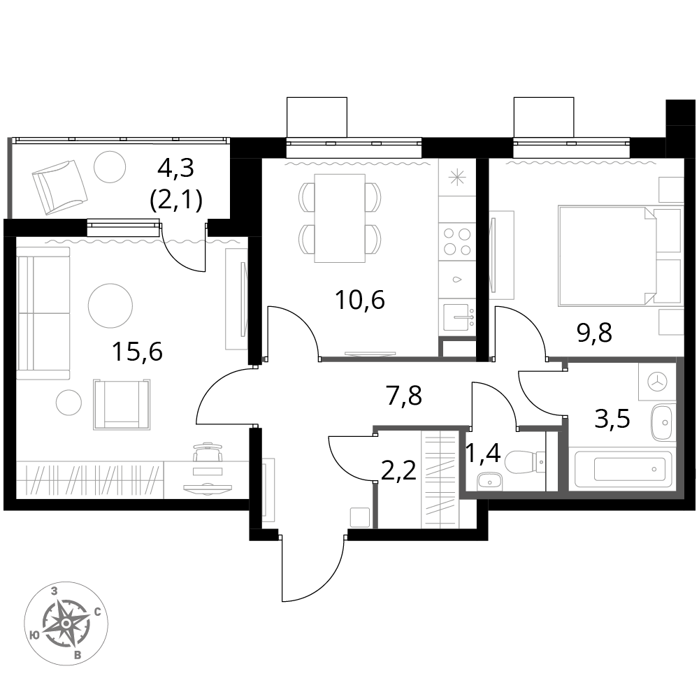 2 комн. квартира, 53 м², 13 этаж 