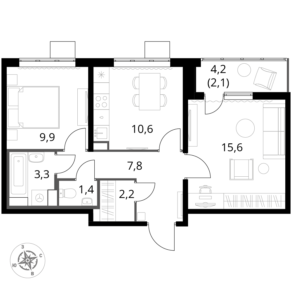 2 комн. квартира, 52.9 м², 16 этаж 