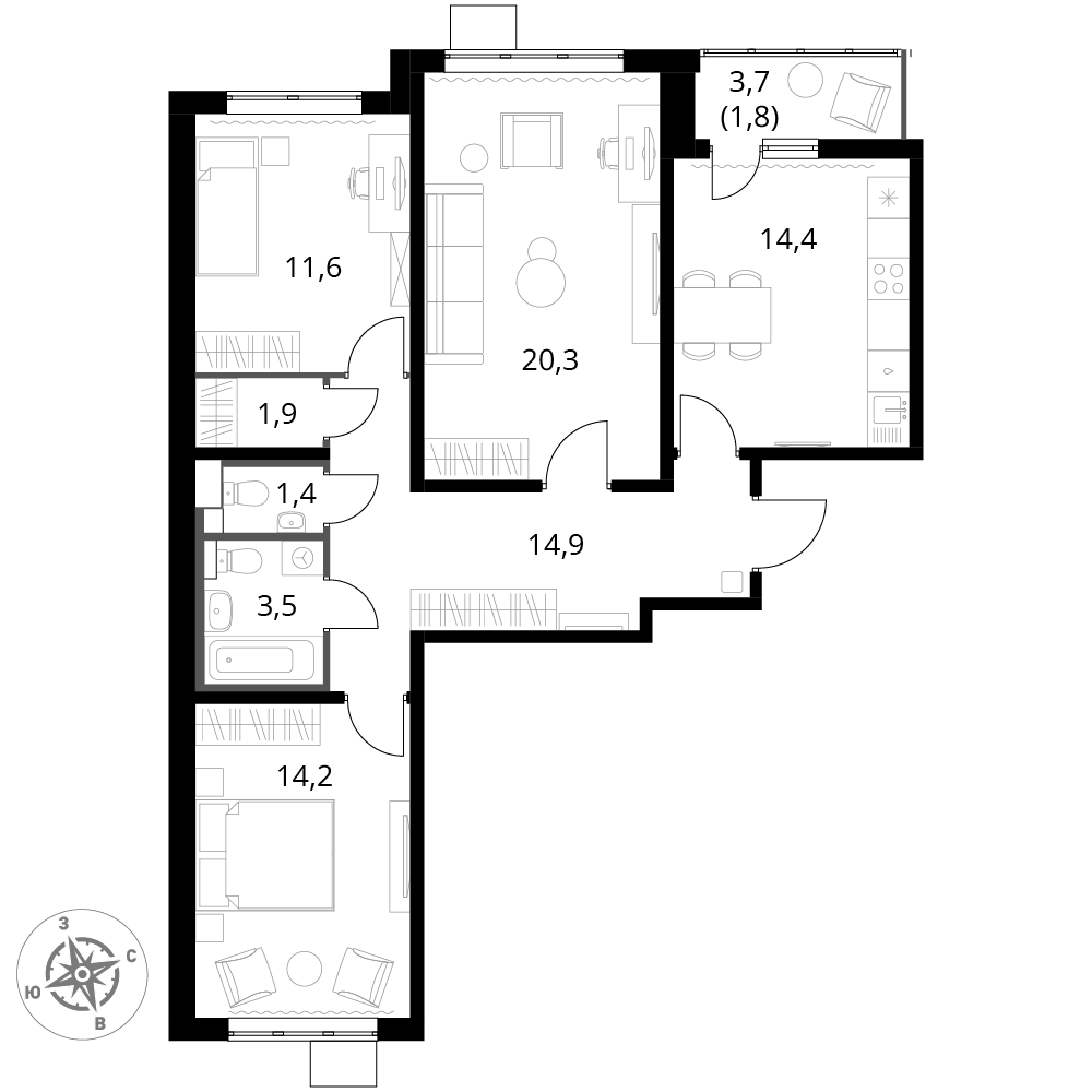 3 комн. квартира, 84 м², 17 этаж 