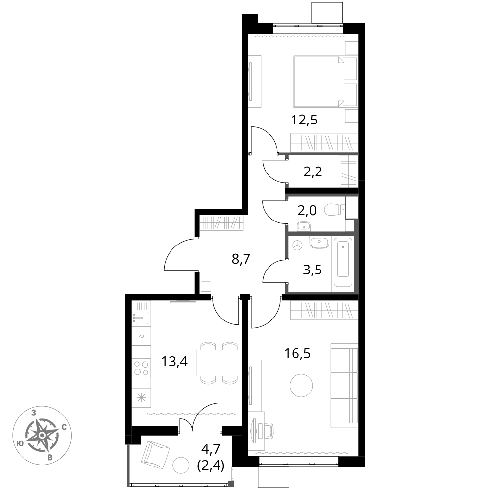 2 комн. квартира, 61.4 м², 18 этаж 