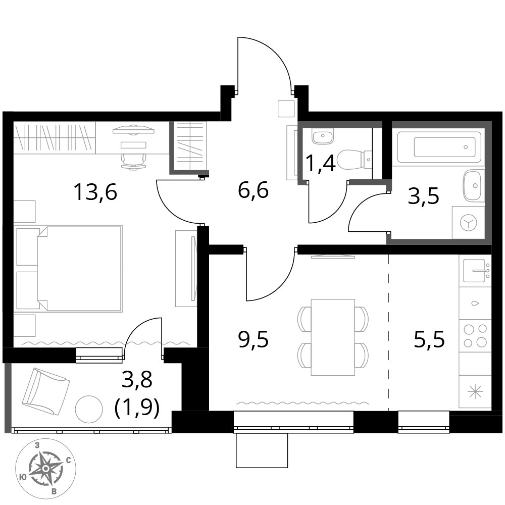 2 комн. квартира, 42 м², 9 этаж 