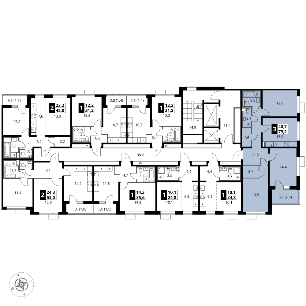 3 комн. квартира, 79.2 м², 8 этаж 