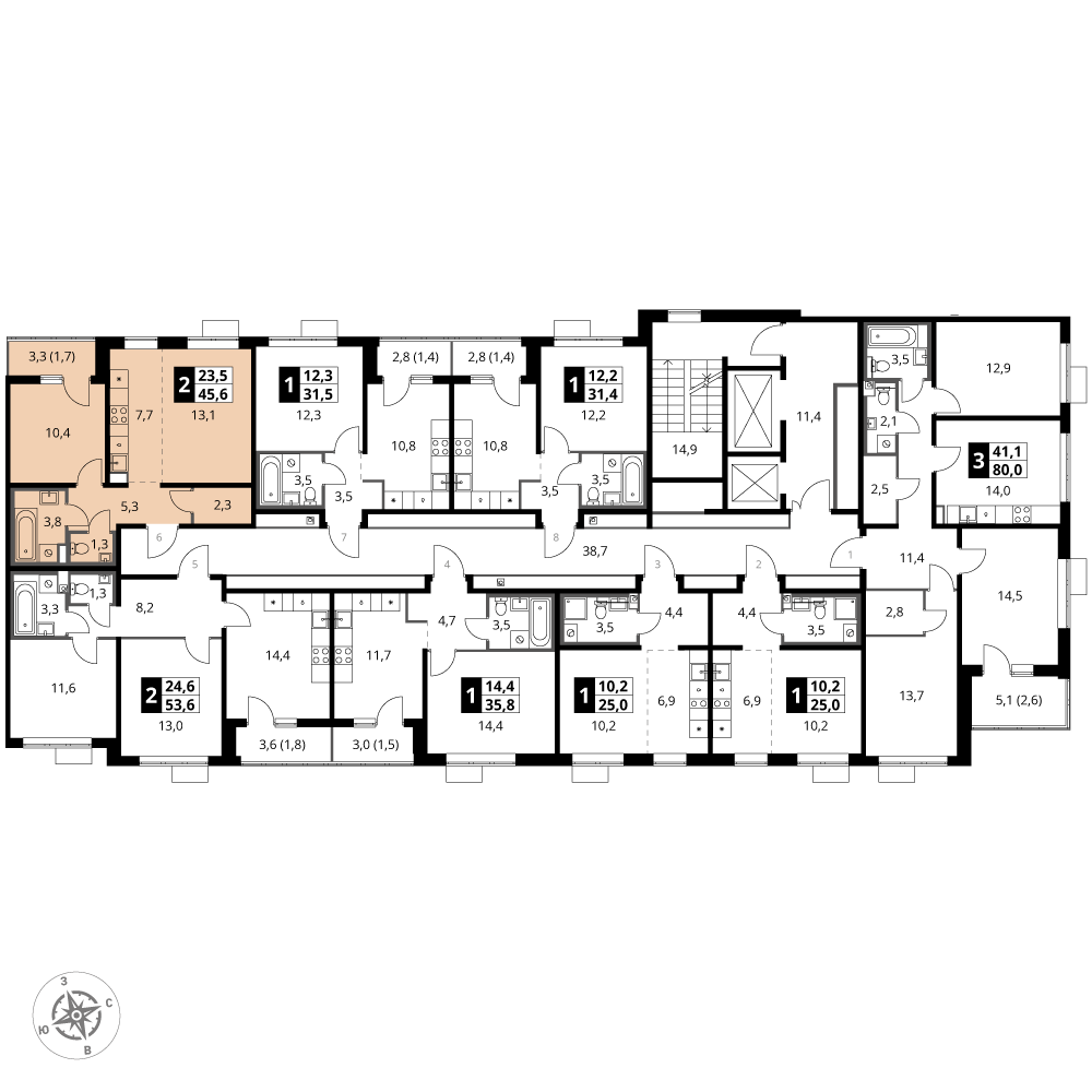 2 комн. квартира, 45.6 м², 24 этаж 