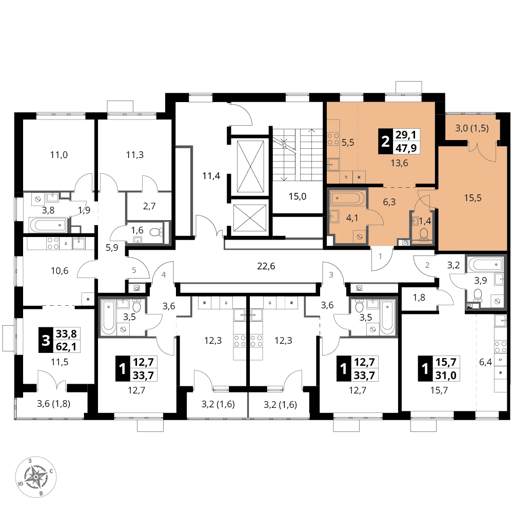 2 комн. квартира, 47.9 м², 14 этаж 