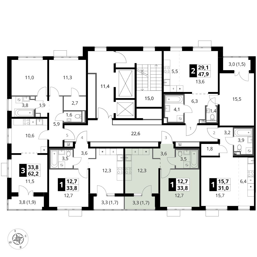 1 комн. квартира, 33.8 м², 16 этаж 