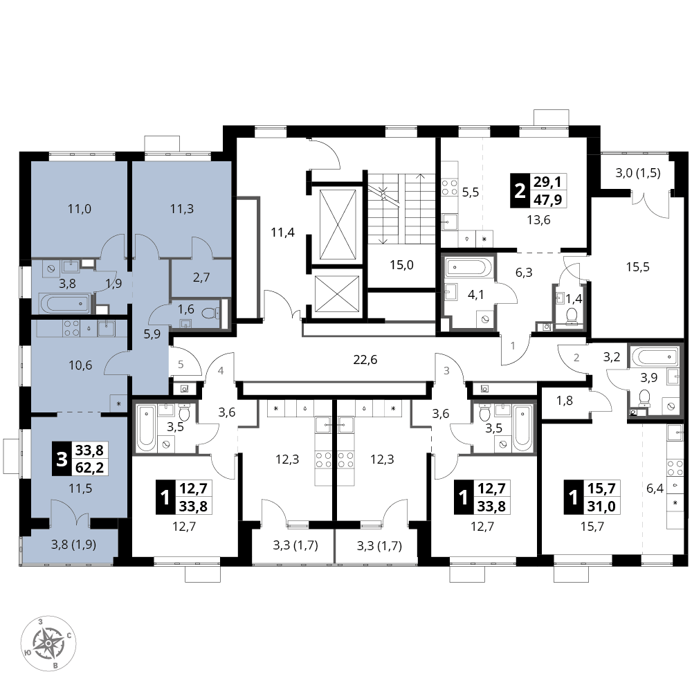 3 комн. квартира, 62.2 м², 16 этаж 