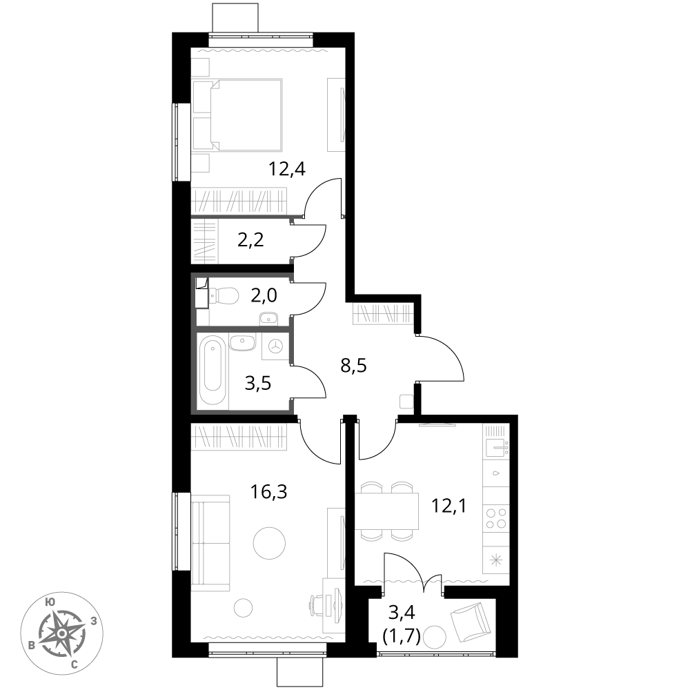 2 комн. квартира, 58.7 м², 8 этаж 