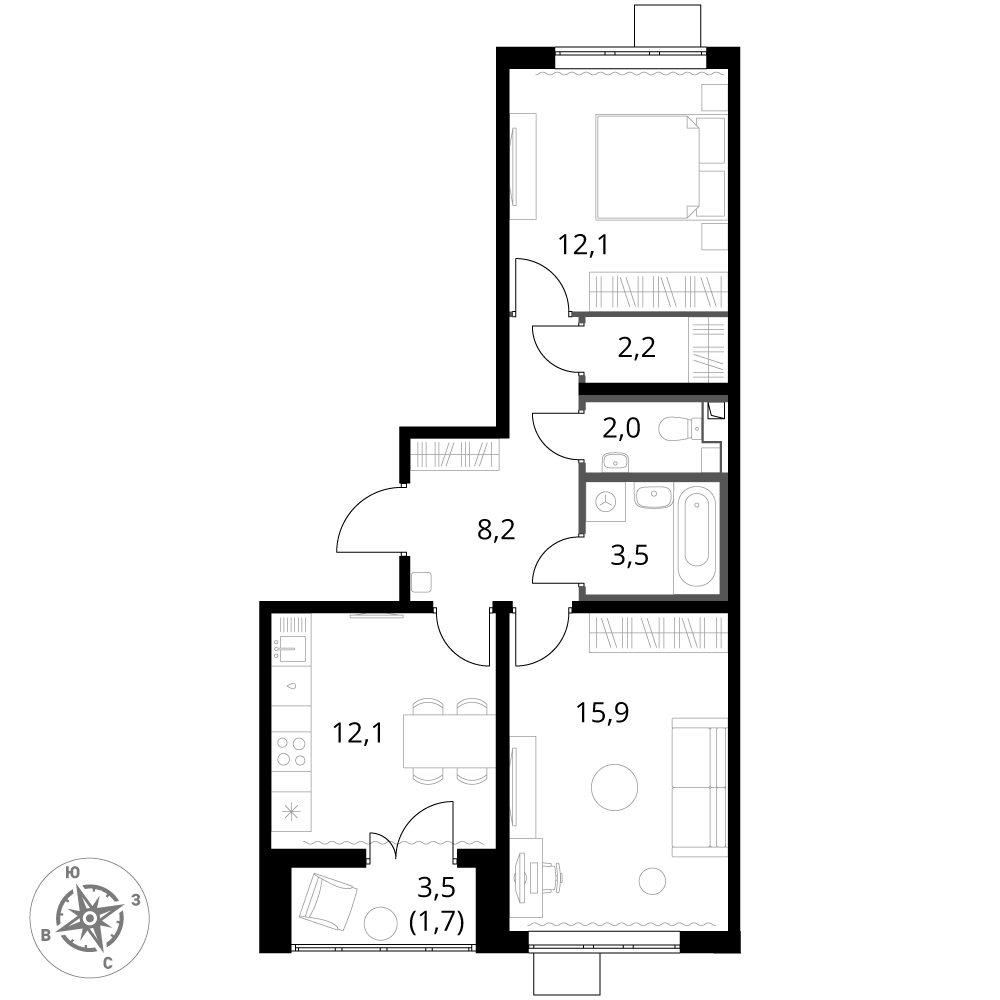 2 комн. квартира, 57.7 м², 10 этаж 