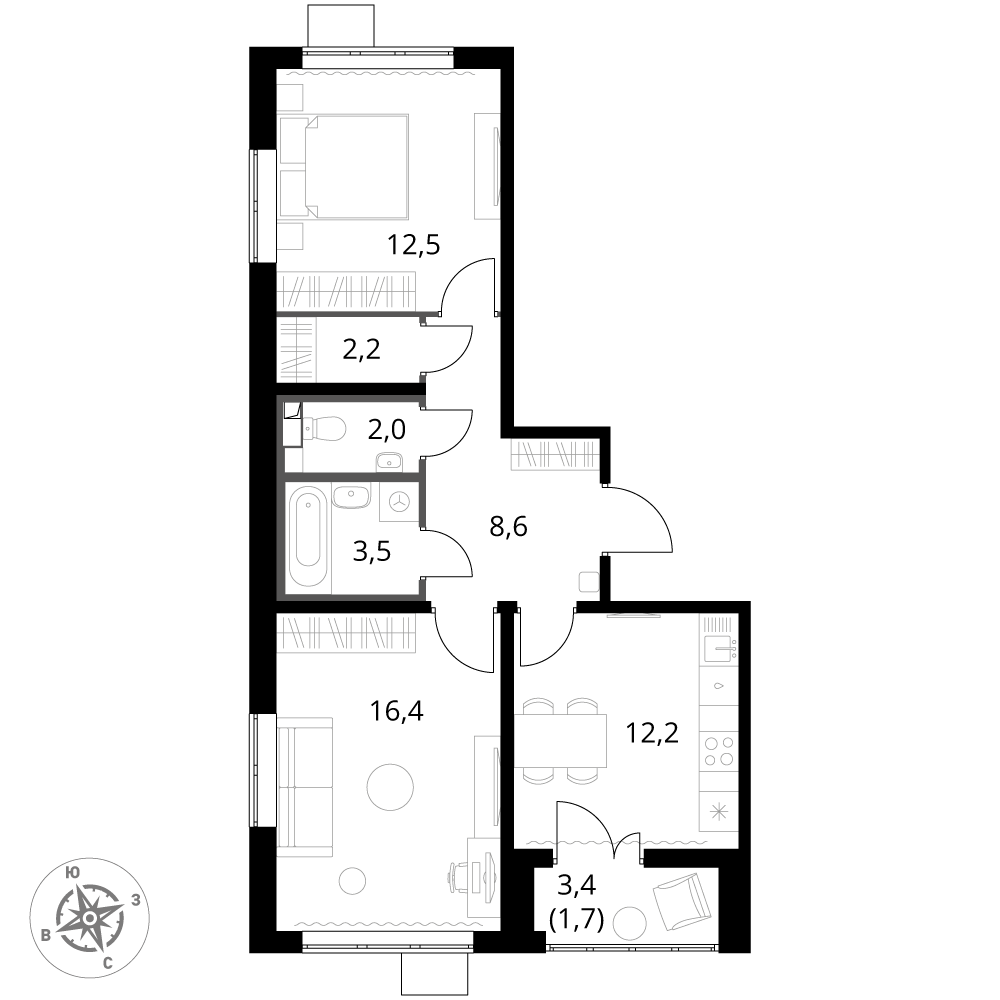 2 комн. квартира, 59.1 м², 23 этаж 