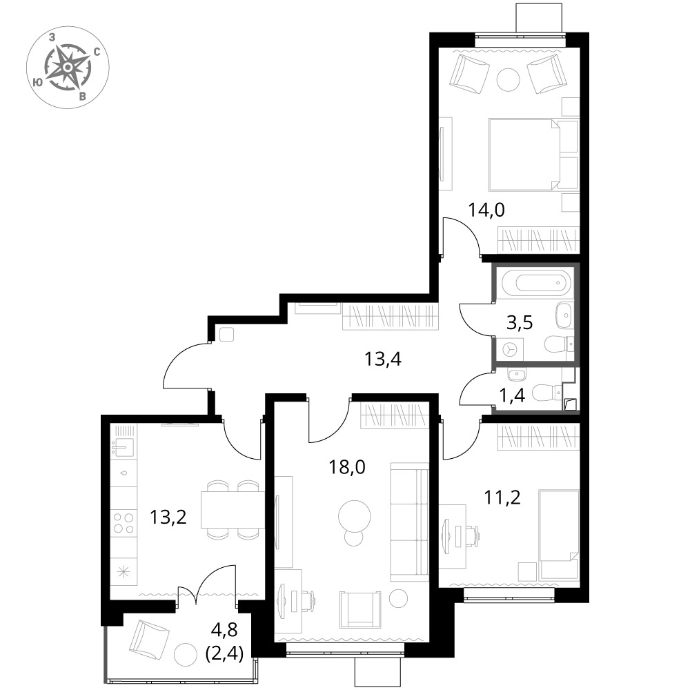 3 комн. квартира, 77.1 м², 2 этаж 