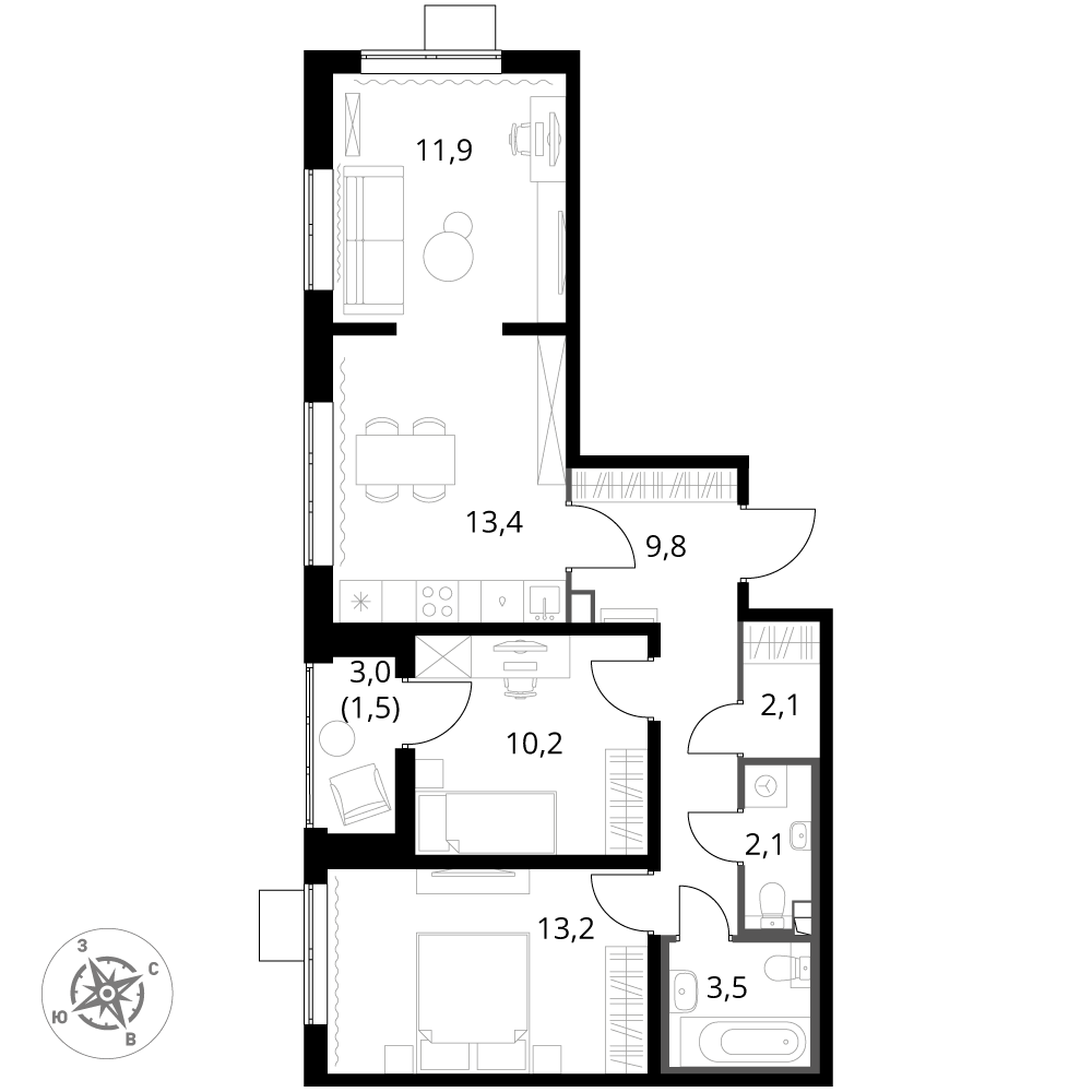 3 комн. квартира, 67.7 м², 9 этаж 
