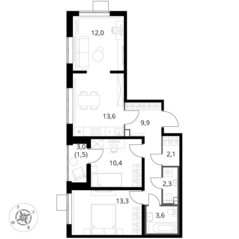 3 комн. квартира, 68.4 м², 14 этаж 