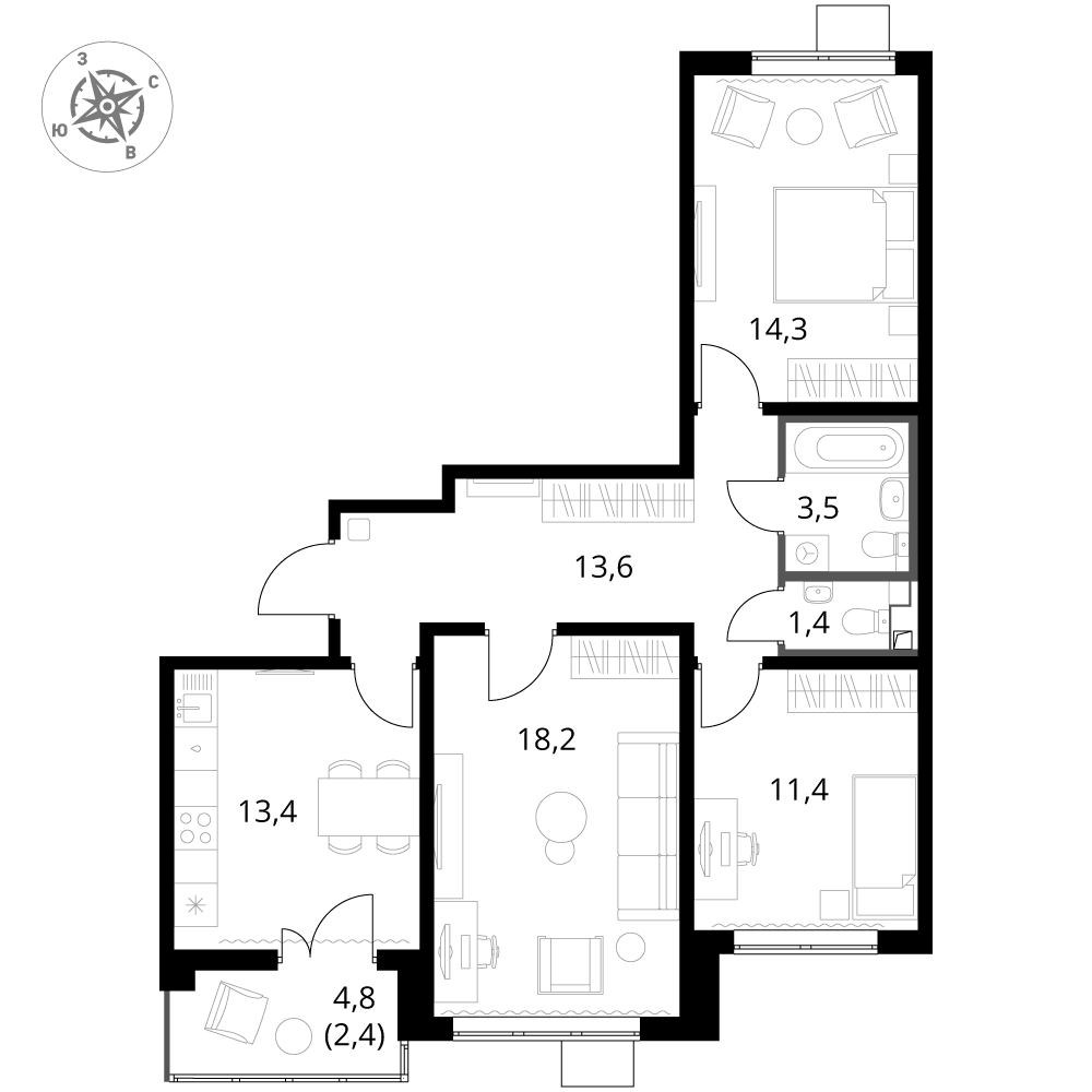 3 комн. квартира, 78.2 м², 21 этаж 
