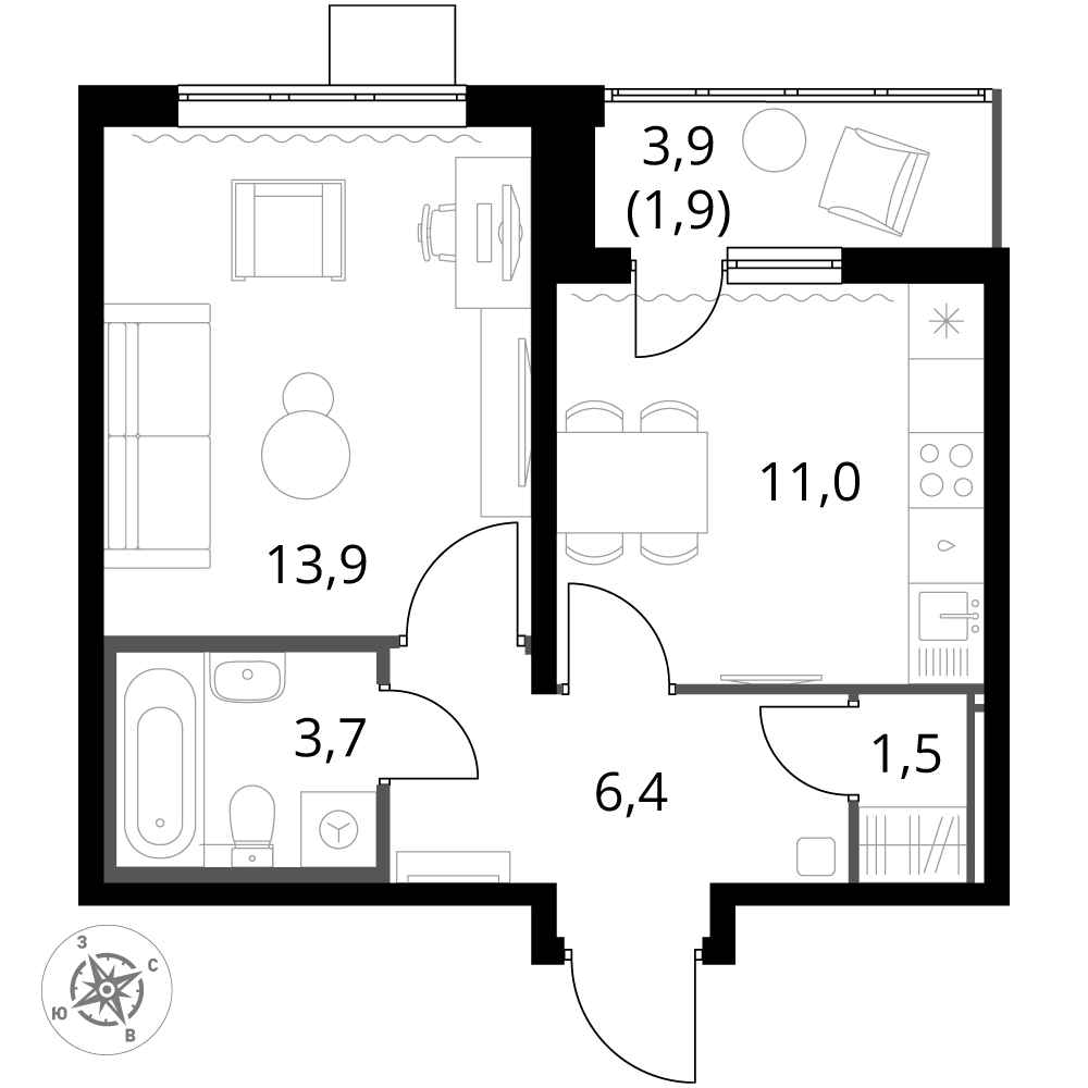 1 комн. квартира, 38.2 м², 23 этаж 