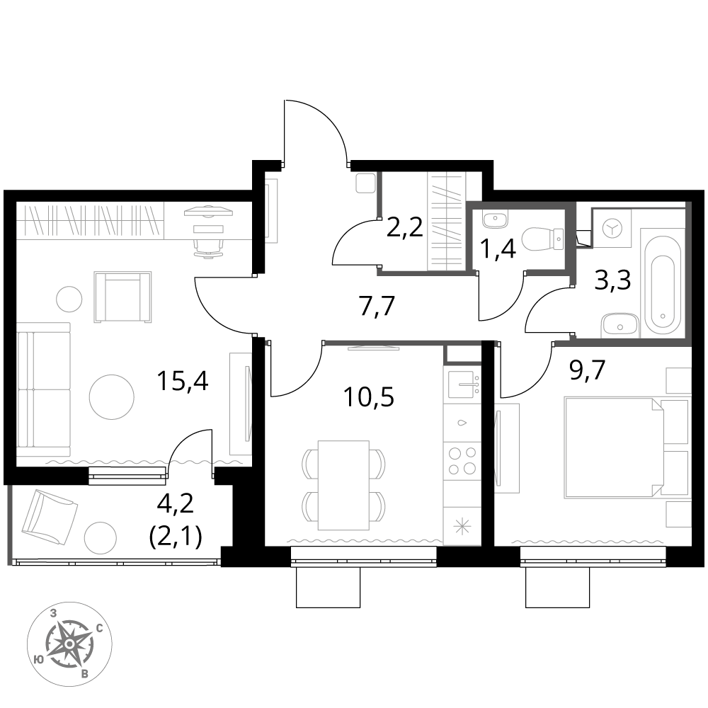 2 комн. квартира, 52.3 м², 10 этаж 