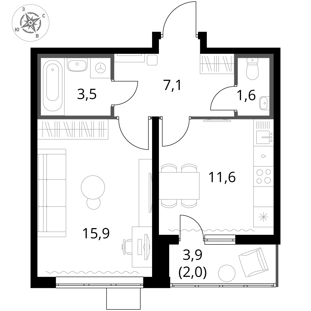 1 комн. квартира, 41.7 м², 6 этаж 