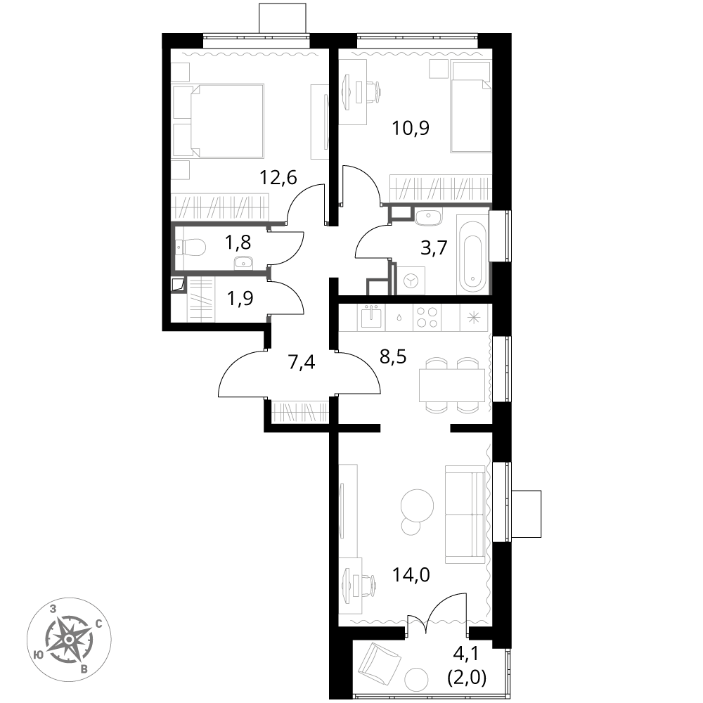 3 комн. квартира, 62.8 м², 9 этаж 