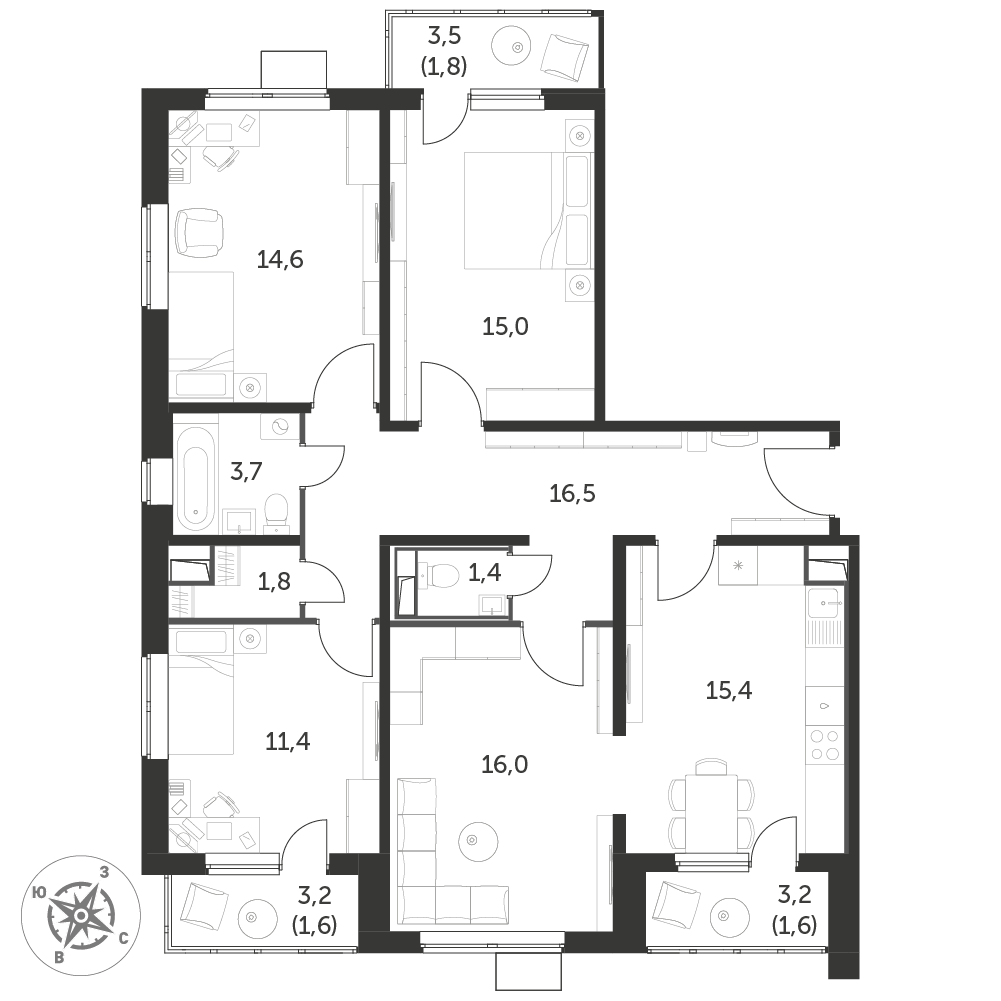 4 комн. квартира, 100.9 м², 15 этаж 