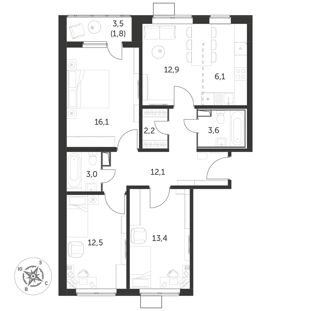 4 комн. квартира, 83.7 м², 25 этаж 