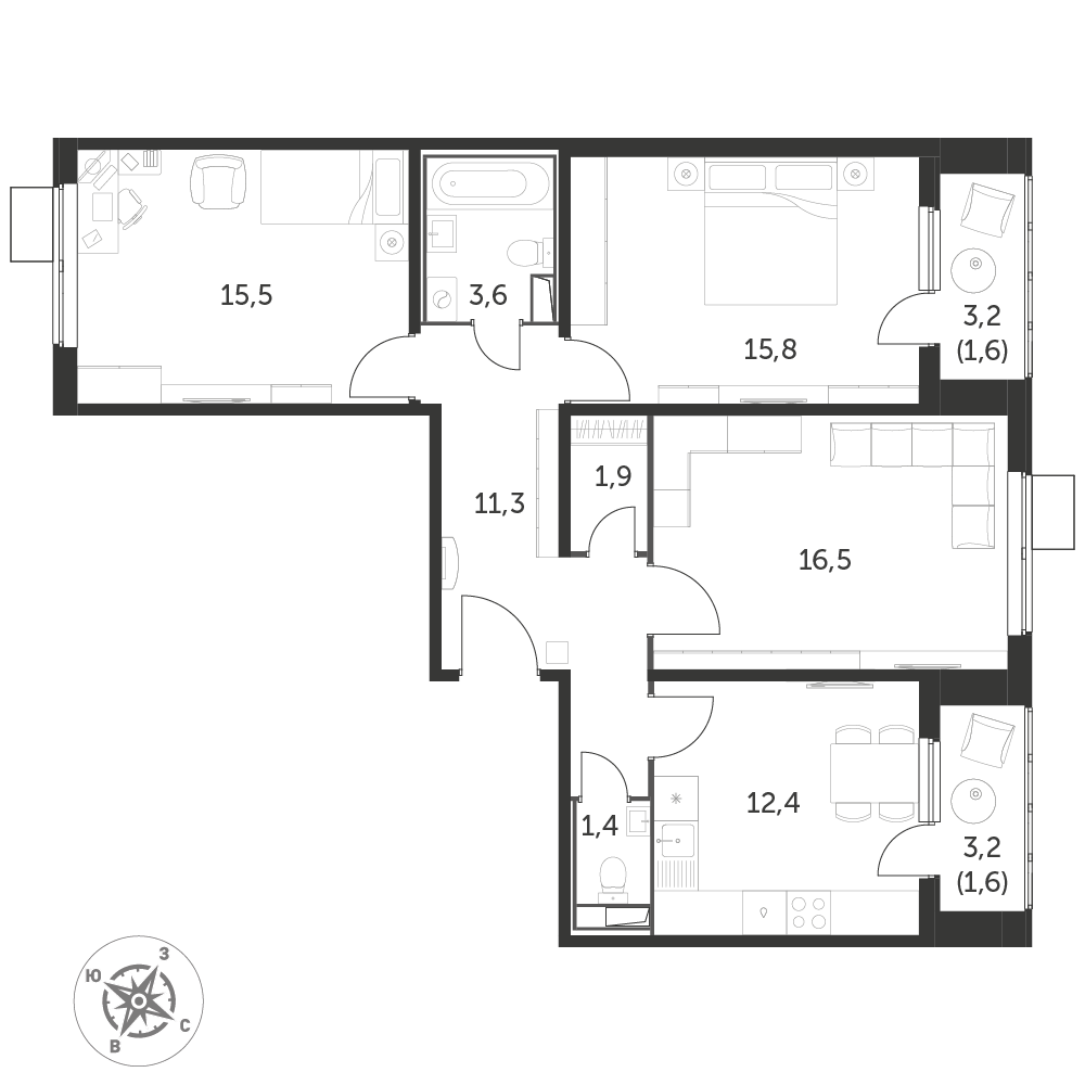 3 комн. квартира, 81.8 м², 21 этаж 