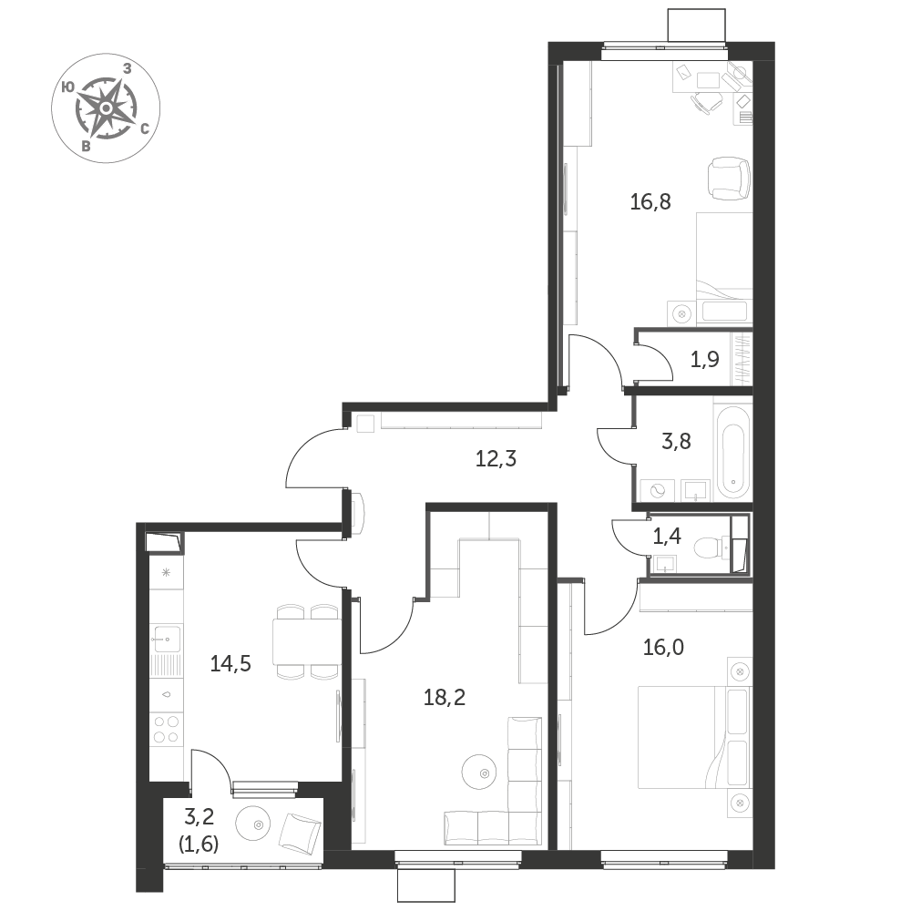 3 комн. квартира, 86.8 м², 18 этаж 