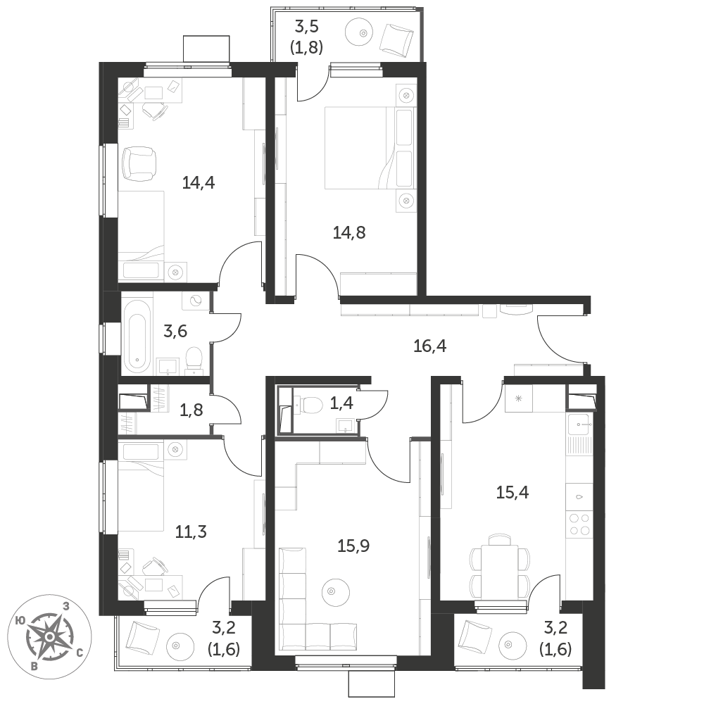4 комн. квартира, 100.4 м², 9 этаж 