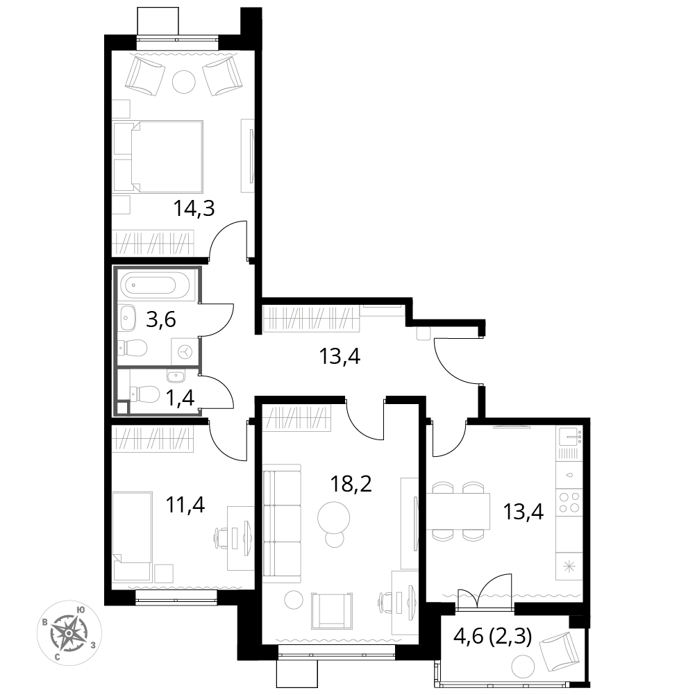 3 комн. квартира, 77.8 м², 22 этаж 