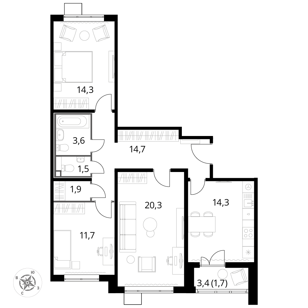 3 комн. квартира, 83.8 м², 13 этаж 