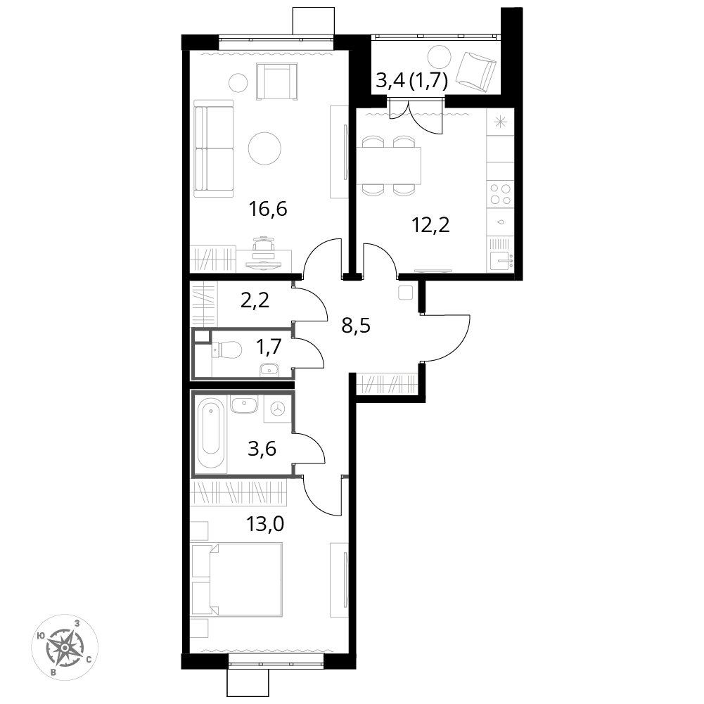 2 комн. квартира, 59.7 м², 18 этаж 