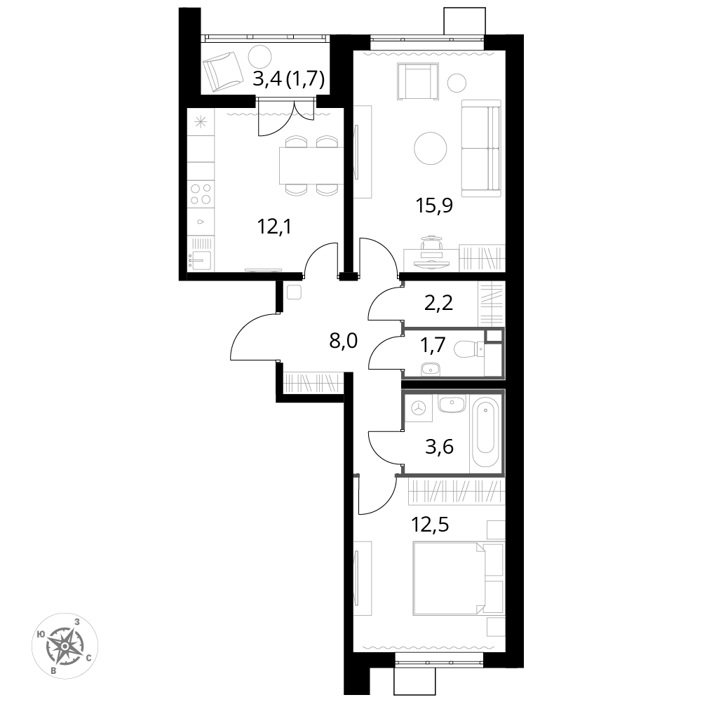 2 комн. квартира, 57.8 м², 4 этаж 