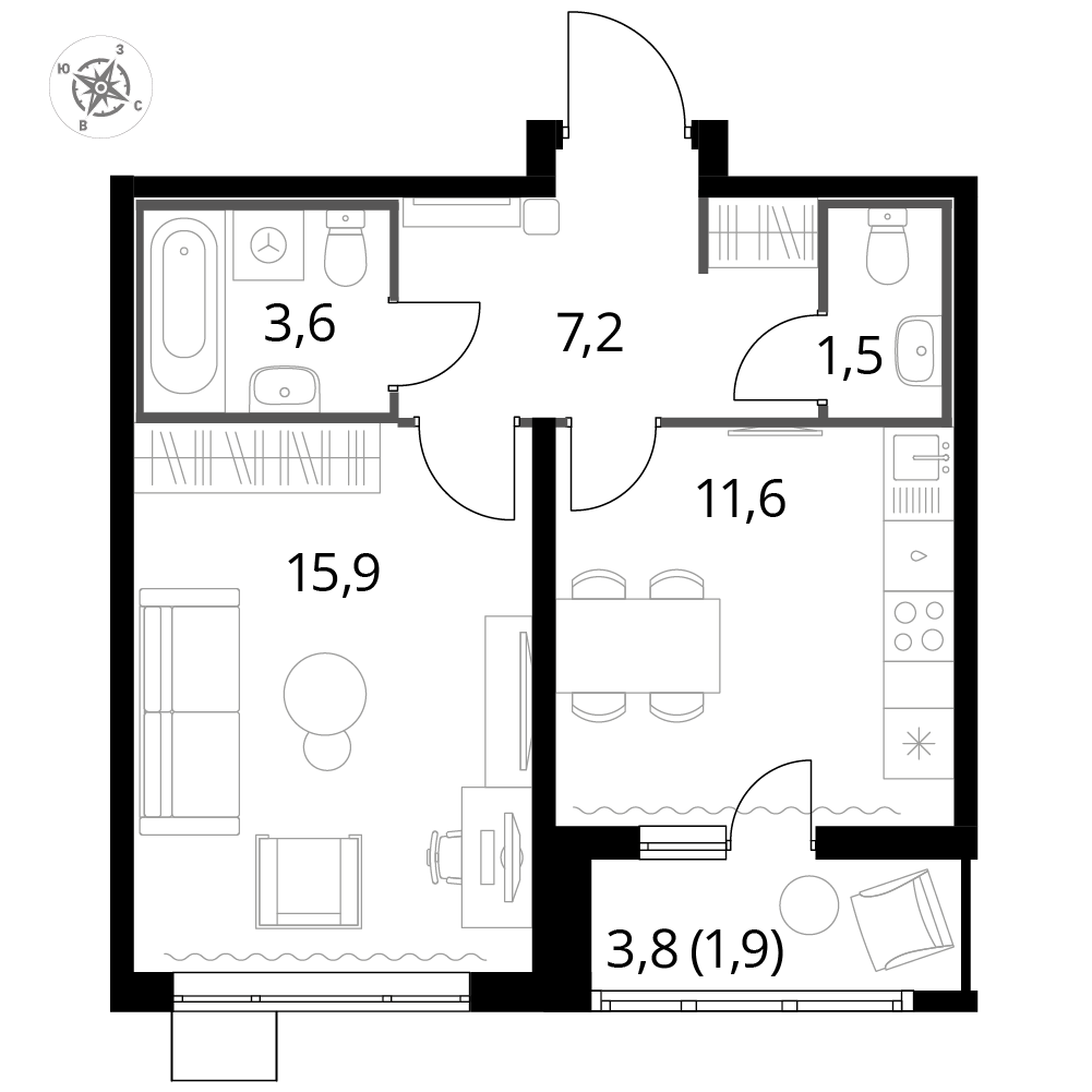 1 комн. квартира, 41.6 м², 4 этаж 