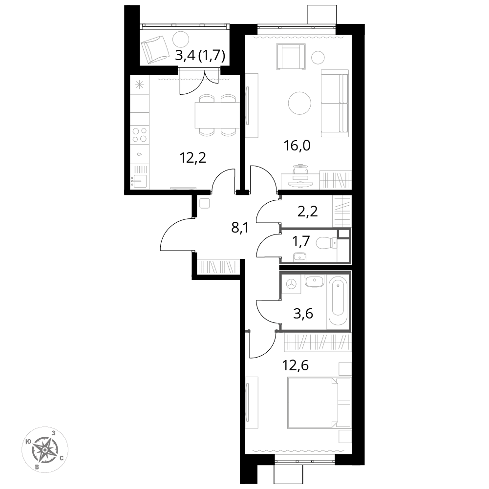 2 комн. квартира, 58.1 м², 12 этаж 