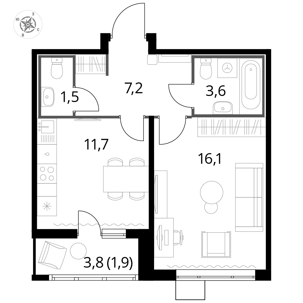 1 комн. квартира, 41.9 м², 13 этаж 