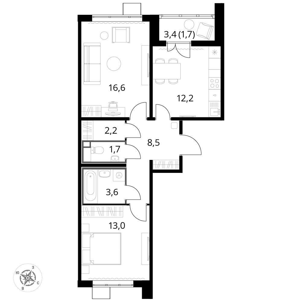 2 комн. квартира, 59.6 м², 15 этаж 
