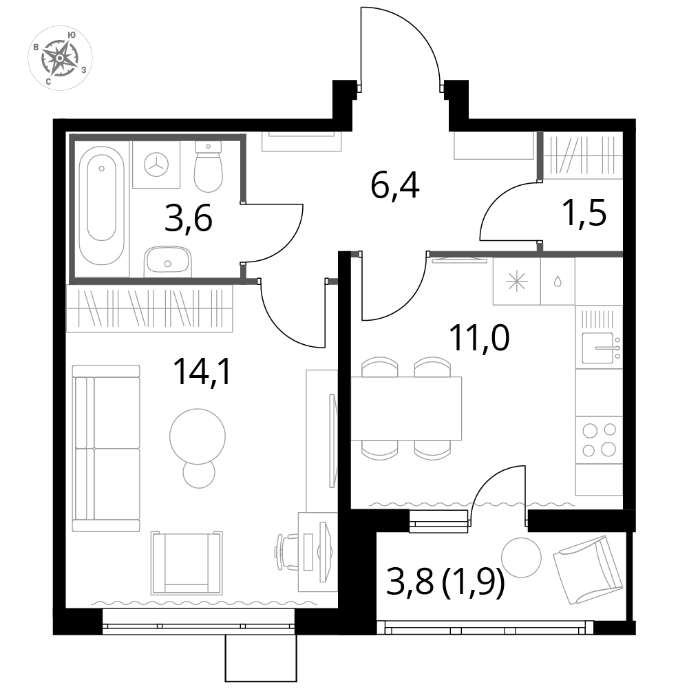 1 комн. квартира, 38.2 м², 15 этаж 