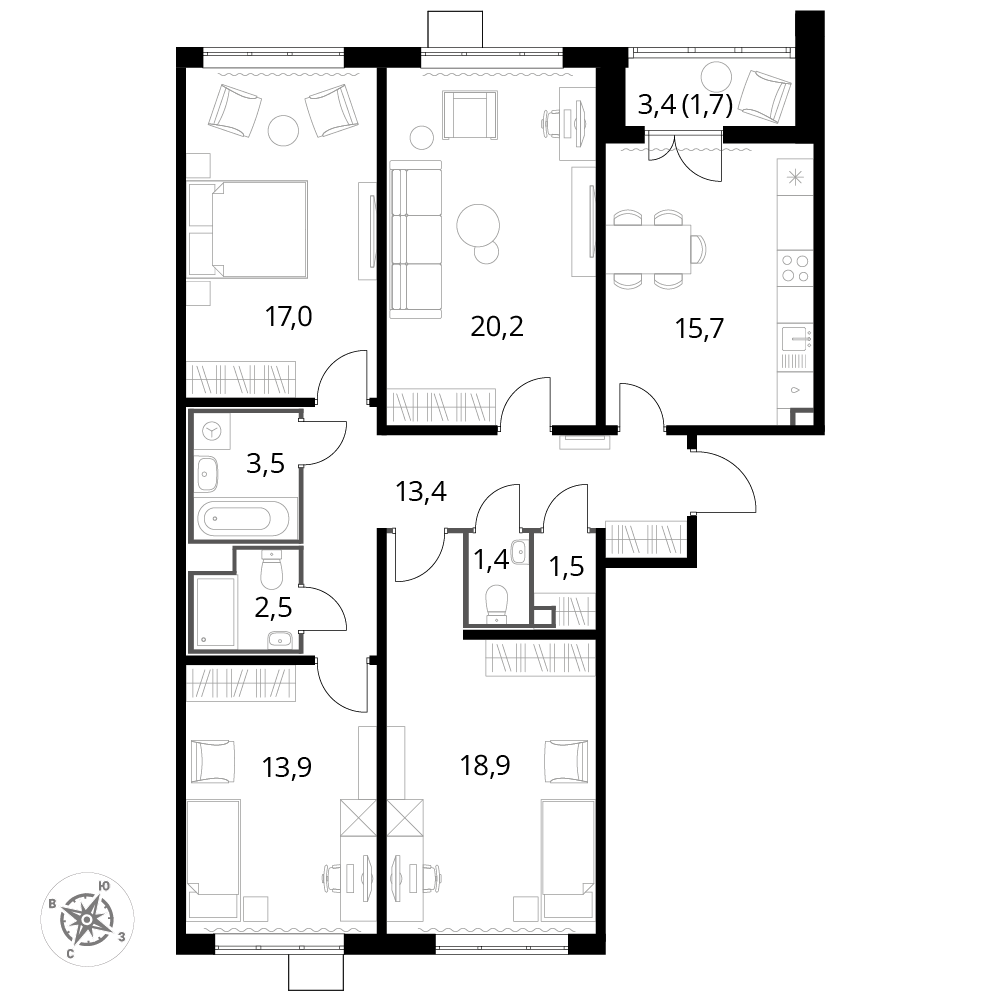4 комн. квартира, 109.5 м², 19 этаж 